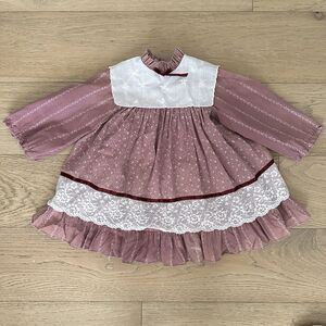 Vintage Mini World 70s Girls Pinafore Dress Lace Ruffles Bib Provo Utah Size 4T